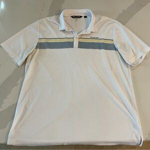 Men’s Travis Matthew polo shirt. White with blue/yellow chest stripe. Size XXL